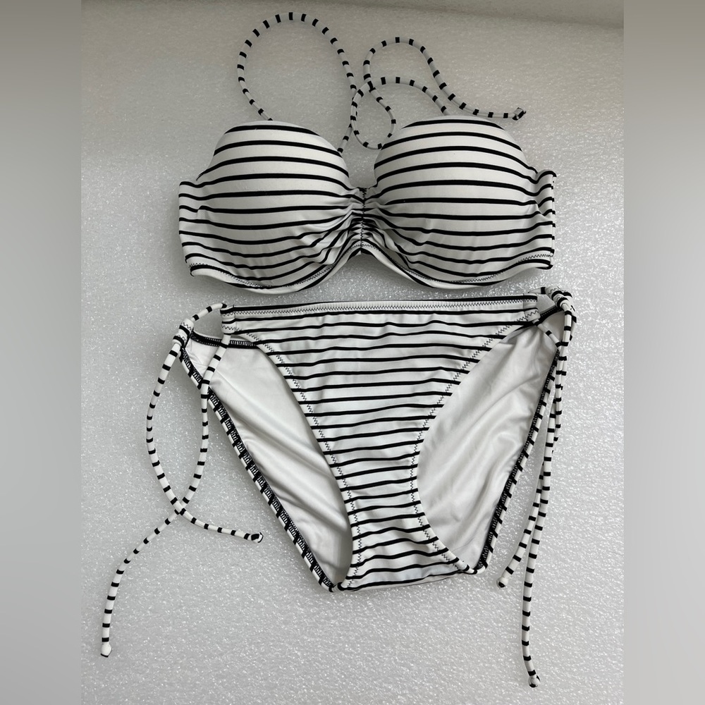 Victoria’s Secret VS black and white stripe swim bundle 34C top Medium bottoms